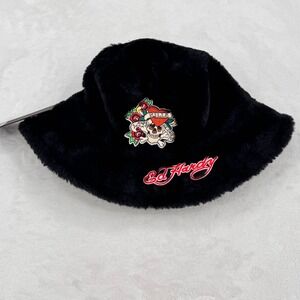 New Ed Hardy Cozy Black Faux Fur Bucket Hat W/ Skull Heart Tattoo Logo